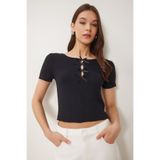 Happiness İstanbul Kadın Siyah Fiyonklu Örme T-Shirt MC00296