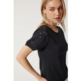 Happiness İstanbul Kadın Siyah Güpür Kollu Pamuklu Basic Örme T-Shirt VF00001