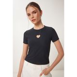 Happiness İstanbul Kadın Siyah Kalp Nakışlı Fitilli Örme T-Shirt ZV00289
