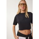 Happiness İstanbul Kadın Siyah Pamuklu Crop Örme T-Shirt CR00443