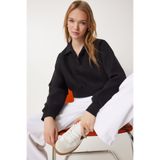 Happiness İstanbul Kadın Siyah Polo Yaka Şardonlu Crop Örme Sweatshirt HW00014