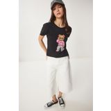 Happiness İstanbul Kadın Siyah Taş Detaylı Ayıcık Baskılı Örme T-Shirt BW00001