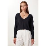 Happiness İstanbul Kadın Siyah V Yaka Basic Fitilli Örme Bluz UB00441