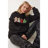 Happiness İstanbul Kadın Siyah Yılbaşı Temalı Kapüşonlu Şardonlu Örme Sweatshirt TQ00001