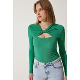 Happiness İstanbul Kadın Yeşil Cut Out Detaylı Fitilli Örme Bluz SF00005