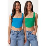 Happiness İstanbul Kadın Yeşil Mavi 2’Li Paket Askılı Crop Dokuma Bluz MX00220