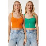 Happiness İstanbul Kadın Yeşil Oranj Fermuarlı Fitilli Esnek 2’Li Takım Crop Örme Bluz MX00190