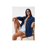 Happiness İstanbul Kadınlar İçin Lacivert Oversize Basic Müslin Gömlek Uzun Kol Düz Desen Günlük Kullanım - 36