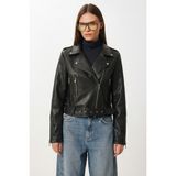 Happiness İstanbul Kemerli Suni Deri Biker Ceket LAX0003 Siyah - 38