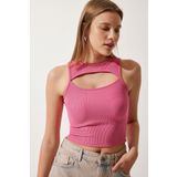 Happiness İstanbul KH00089 Pembe Cut Out Detaylı Fitilli Crop Örme Kadın Bluz