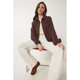 Happiness İstanbul Oversize Basic Müslin Gömlek Kadın Günlük Stil Düz Desenli Polyester Pamuk Kumaş LMX0002 - 36 - Kahverengi