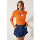 Happiness İstanbul SF00005 Oranj Cut Out Detaylı Fitilli Örme Kadın Bluz