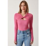 Happiness İstanbul SF00005 Pembe Cut Out Detaylı Fitilli Örme Kadın Bluz