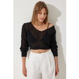 Happiness İstanbul YY00212 Siyah Ajurlu Crop Triko Kadın Bluz