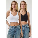 Happiness OW00031 İstanbul Kadın Antrasit Beyaz Askılı 2'Li Paket Crop Örme Bluz