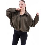 Happinice Kadın Oversize Bomber Süet Ceket Haki Polyester Rahat ve Şık Tasarım