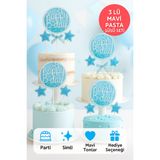 Happy B-Day Mavi Simli Pasta Süsü 3’lü Set – Yıldızlı Şeffaf Jel Tasarım Doğum Günü Dekoru