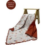 Happy Baby Dikiş Atölyesi Çift Taraflı Müslin ve Waffle Kumaş Bebek Battaniyesi Ponponlu 100X100 cm - Beyaz - Kiremit - 100 x 100 cm