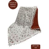 Happy Baby Dikiş Atölyesi Çift Taraflı Müslin ve Waffle Kumaş Bebek Battaniyesi Ponponlu 100X100 cm - Kiremit Kırmızısı - 100 x 100 cm