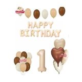 Happy Birthday 1 Yaş Bej Folyo Balon Kahverengi Beyaz Bej Doğum Günü Parti Seti