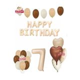 Happy Birthday 7 Yaş Bej Folyo Balon Kahverengi Beyaz Bej Doğum Günü Parti Seti