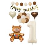 Happy Bırthday Banner Oturan Ayı, Bej Rakam, Kalp Folyo ve Latex Balon Seti Yaş 1