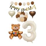 Happy Bırthday Banner Oturan Ayı, Bej Rakam, Kalp Folyo ve Latex Balon Seti Yaş 3