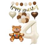 Happy Bırthday Banner Oturan Ayı, Bej Rakam, Kalp Folyo ve Latex Balon Seti Yaş 4
