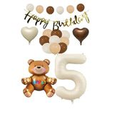 Happy Bırthday Banner Oturan Ayı, Bej Rakam, Kalp Folyo ve Latex Balon Seti Yaş 5