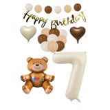 Happy Bırthday Banner Oturan Ayı, Bej Rakam, Kalp Folyo ve Latex Balon Seti Yaş 7