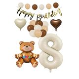 Happy Bırthday Banner Oturan Ayı, Bej Rakam, Kalp Folyo ve Latex Balon Seti Yaş 8
