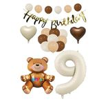 Happy Bırthday Banner Oturan Ayı, Bej Rakam, Kalp Folyo ve Latex Balon Seti Yaş 9