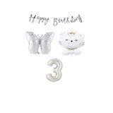 Happy Bırthday Banner Sevimli Kedi Kelebek ve Rakam Folyo Balon Seti Yaş 3