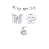 Happy Bırthday Banner Sevimli Kedi Kelebek ve Rakam Folyo Balon Seti Yaş 6