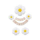 Happy Birthday Banner Ve 5 Li Papatya Folyo Balon Seti Parti Kutlama Seti Beyaz - Sarı