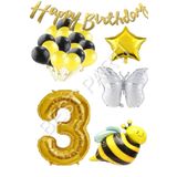 Happy Bırthday Banner ve Arı Kelebek Karakterli Yıldız Folyo Balon Seti Yaş 3