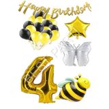 Happy Bırthday Banner ve Arı Kelebek Karakterli Yıldız Folyo Balon Seti Yaş 4