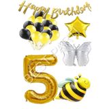 Happy Bırthday Banner ve Arı Kelebek Karakterli Yıldız Folyo Balon Seti Yaş 5