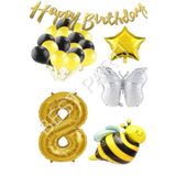 Happy Bırthday Banner ve Arı Kelebek Karakterli Yıldız Folyo Balon Seti Yaş 8