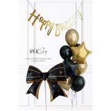 Happy Birthday Bannerlı Siyah Gold Fiyonk Folyo Balonlu Gold ve Siyah Tema Doğum Günü Balon Seti