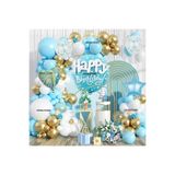 Happy Birthday Folyo Balonlu Makaron Mavi Beyaz Balon Zincir Set