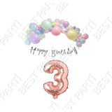 Happy Bırthday Gümüş Yazılı Kaligrafi Banner Makaron Balon Seti 3 Yaş Rose Gold Set Doğum Günü
