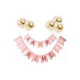 Happy Bırthday Pembe Varaklı Banner Yazı Konfetili Şeffaf Balon Seti