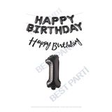 Happy Bırthday Siyah Renk Folyo Balon Kaligrafi Banner ve Rakam Seti Yaş 1