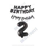 Happy Bırthday Siyah Renk Folyo Balon Kaligrafi Banner ve Rakam Seti Yaş 2