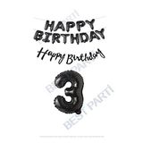 Happy Bırthday Siyah Renk Folyo Balon Kaligrafi Banner ve Rakam Seti Yaş 3