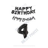 Happy Bırthday Siyah Renk Folyo Balon Kaligrafi Banner ve Rakam Seti Yaş 4