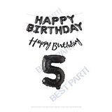 Happy Bırthday Siyah Renk Folyo Balon Kaligrafi Banner ve Rakam Seti Yaş 5