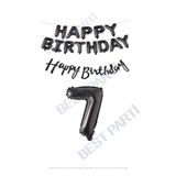Happy Bırthday Siyah Renk Folyo Balon Kaligrafi Banner ve Rakam Seti Yaş 7