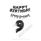 Happy Bırthday Siyah Renk Folyo Balon Kaligrafi Banner ve Rakam Seti Yaş 9